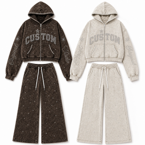 Ensemble de survêtement Y2K pour femme, violet, avec strass scintillants, style vintage délavé à l'acide, comprenant un sweat à capuche court et un pantalon de survêtement large, idéal pour l'été - Product Image 6