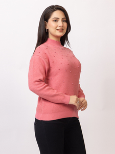 Suéter de Punto Sólido para Mujer, Cuello Alto, Manga Larga, con Detalle de Tachuelas, Estilo Casual de Invierno, Look Moderno - Product Image 4