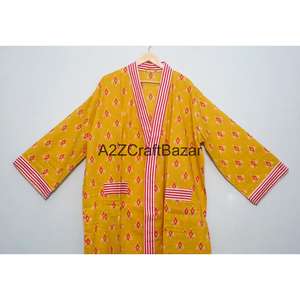 Bata Kimono de Algodón Suave para Mujer con Estampado Artesanal, Cuello en V, Manga Tres Cuartos, Largo Completo, Cierre con Cordón, Transpirable y de Secado Rápido - Product Image 2