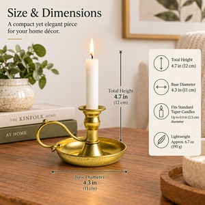 Golden Brass Chamberstick <b>Candle</b> Holder Vintage Taper Stick Stand with Decorative Loop Handle and <b>Tray</b> Base for Home Table decor - Product Image 4