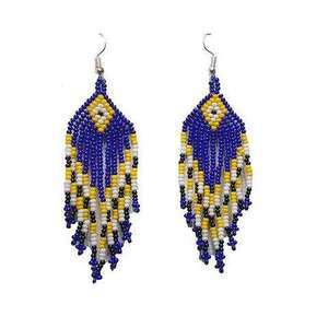 Pendientes Largos Hechos a Mano con Cuentas de Semillas, Diseño Tribal Azul, Amarillo y Blanco, Joyería de Moda, Accesorios - Product Image 1