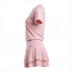 Ensemble sportif rose 2 pièces pour femme : haut à manches courtes col rond et jupe à volants, séchage rapide, tricoté, vêtements de sport printemps-été - Product Image 3