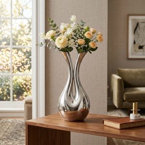 Florero de Latón y Acero de Doble Boca, Hecho a Mano, de 25 cm, Pulido a Espejo, Plateado, para Decoración del Hogar, Hoteles, Bodas, como Centro de Mesa - Product Image 2