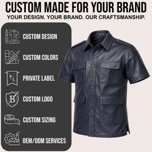 Men Navy Blue Leather Cargo <b>Shirt</b> Short Sleeve Multi Pocket Design Snap Button Front Shoulder <b>Epaulets</b> Classic Collar Outdoor - Product Image 1