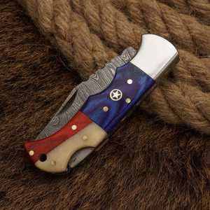 Couteau de poche pliable de survie pour le camping, fabriqué sur mesure, en acier Damas, avec manche à l'effigie du drapeau du Texas - Product Image 5