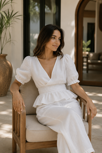 Women Two Piece Set Summer Casual 100% <b>Linen</b> V Neck Puff Sleeve Peplum <b>Top</b> And Wide Leg Pants Matching Outfits Wholesale - Product Image 5