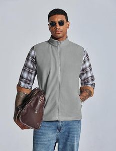 Gilet sans manches classique pour homme en polaire gris, fermeture éclair intégrale, col montant, pour superposition extérieure - Product Image 5