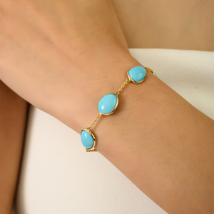 Elegant 100% Natural Turquoise Gemstone Good Quality Simple Station Bracelet December Birthstone K14 <b>Solid</b> Yellow <b>Gold</b> Jewelry - Product Image 2