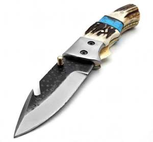 Couteau utilitaire compact à ouverture manuelle avec manche en corne de cerf et incrustation turquoise sur le dos - Product Image 3