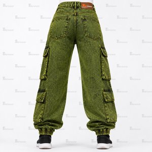 Jean cargo en denim taille haute pour femme, coupe ample et jambe large, bleu délavé vintage, style streetwear, vente en gros, personnalisable - Product Image 3