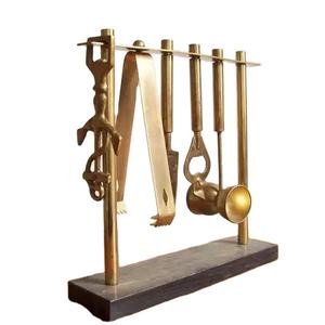 Brass Tools Handle Stand Brass Wooden Base Luxury Bar Ware Tools Set Bar Accessories - Product Image 1