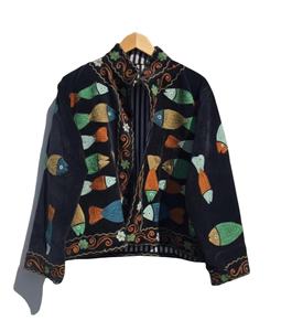 Veste en toile de coton matelassée Sujani vintage bohème pour femme, imprimé à la main bleu pistache vert, bordure dorée, tendance - Product Image 2