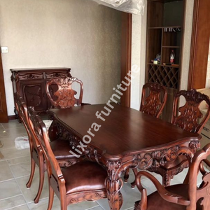 Luxury Handcrafted Solid Wood 6 Seater Dining <b>Table</b> Set Ornate Floral Carving Premium <b>Walnut</b> Finish - Product Image 2