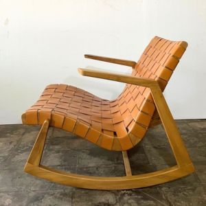 Mid Century Modern Woven Leather Rocking <b>Chair</b> Solid <b>Teak</b> Wood Frame <b>Garden</b> Outdoor Lounge Seat Handmade Design Furniture - Product Image 4