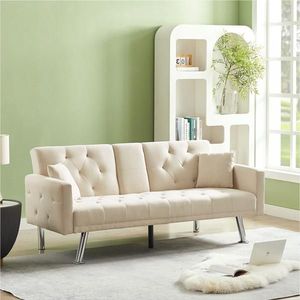 Canapé-lit convertible en lin beige avec accoudoirs carrés, porte-gobelet et deux oreillers - Product Image 1