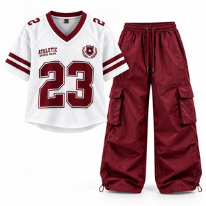Athletic Sportswear 23 Jersey Set White <b>Maroon</b> V-Neck Short Sleeve Mesh <b>Top</b> With Cargo Pants Drawstring Closure Summer Unisex - Product Image 1