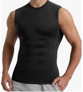 Men's Sleeveless <b>Compression</b> <b>Shirt</b> <b>Black</b> O-Neck Slim Fit Quick Dry Knitted Spandex/Polyester Anti-Pilling Front Logo TRIBON - Product Image 1