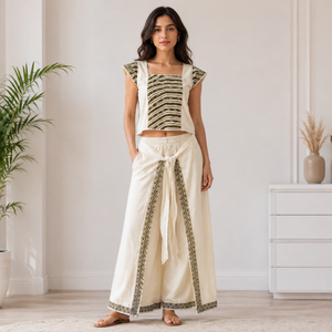 Pantalon Palazzo Femme Ivoire Ample à Jambes Larges avec Ceinture à Nouer, Bordure Géométrique, Taille Élastique, Style Bohème pour l'Été, la Plage et les Vacances, Coupe Décontractée - Product Image 3