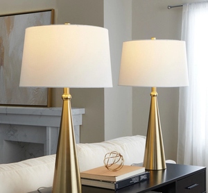 Luxury design Gold <b>Table</b> <b>Lamp</b> Set of 2 Luxury Tapered Metal <b>Base</b> White Fabric Shade Elegant Bedside Nightstand Light Home Decor - Product Image 4