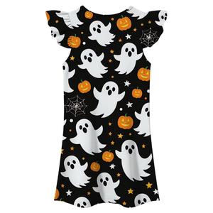 Girls Halloween Printed <b>Dress</b> <b>Flutter</b> <b>Sleeve</b> A-Line Cartoon Ghost Pumpkin Pattern Cute Mini Length O-Neck Chiffon <b>Dress</b> - Product Image 6