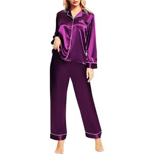 Women's Purple Satin Pajama Set Long Sleeve Full Length Button Front Elegant Sleepwear <b>100</b>% Silk Turn-down Collar - Product Image 1