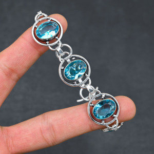 Customised Blue Topaz Tennis <b>Bracelet</b> 925 Sterling <b>Silver</b> Rhodium Plated <b>Adjustable</b> Handmade Jewelry Oval Gift - Product Image 2
