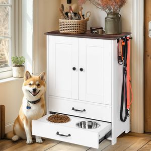 Stazione di Alimentazione per Cani Bianca a Doppia Porta con 2 Ciotole Regolabili e 3 Ganci sul Lato Destro, Stile Armadietto - Product Image 1
