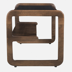 Table basse moderne à deux niveaux pour salon, en bois de manguier massif avec plateau en verre combiné, bords légèrement courbés, finition Tubbag - Product Image 4