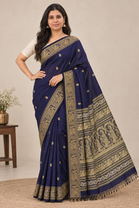 LoomIndia Navy Blue Pure Cotton Traditional Baluchari <b>Saree</b> with Recycled Materials <b>for</b> <b>Women</b> <b>for</b> Wedding Occasions - Product Image 5