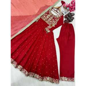 Vestido Anarkali de Seda Chinon con Dupatta y Conjunto de Pantalones Plazzo, Hermoso Salwar Kameez para Fiestas - Product Image 4