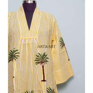 Robe midi ample pour femme, légère, écologique, en coton respirant et lavable, imprimé palmiers, élégante, col en V, manches 3/4 - Product Image 2