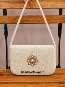 Custom Womens Handmade Ivory <b>Gold</b> Floral Beaded Single Strap Shoulder <b>Bag</b> Elegant Magnetic Flap Bridal Party <b>Evening</b> Purse - Product Image 2