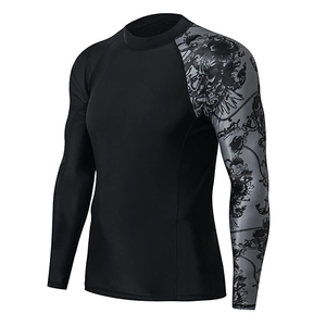 <b>Men</b> Full Sleeve Rash Guard Black with Gray Tribal Print Quick Dry <b>Compression</b> UPF50+ <b>Shirt</b> for BJJ MMA Sports - Product Image 2