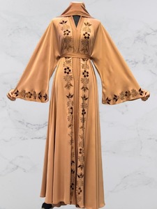 <b>Shawl</b> Collar V Neck Ankle Length Modest Beaded Handmade Embroidery Detail Women Solid Color Long Sleeve Polyester Abaya <b>Wedding</b> - Product Image 1