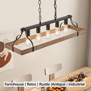 Lámpara Colgante Moderna de 34 Pulgadas Estilo Granja, Madera de Nogal Negro, 5 Portalámparas E26, Cadena Ajustable en Altura para Interiores - Product Image 5