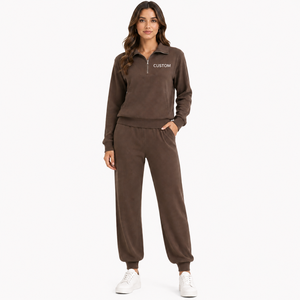 Y2K Women's Brown Tracksuit Set Quarter <b>Zip</b> Pullover <b>Jogger</b> Pants Ribbed Texture Casual Loungewear OEM Wholesale Custom Logo - Product Image 1