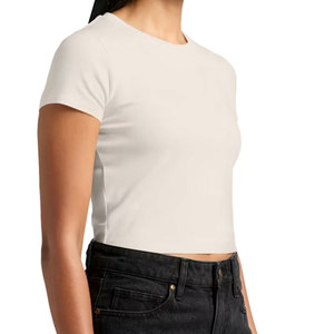 T-shirt court côtelé basique pour femme, à manches courtes, col rond, coupe ajustée, uni, extensible, léger, pour le quotidien - Product Image 5