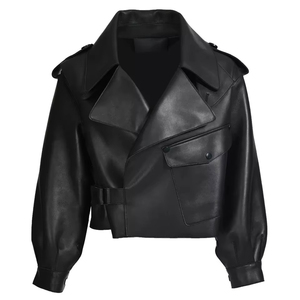 Women's Genuine Sheepskin Leather <b>Jacket</b> Olive Green Black Satin Soft Style Slim-fit Casual Look Collar <b>Lightweight</b> For Women - Product Image 6