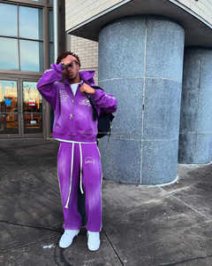 Ensemble deux pièces vintage personnalisé pour hommes Costume de jogging évasé à motif solide Jogging à capuche avec sérigraphie Survêtements délavés au soleil - Product Image 1