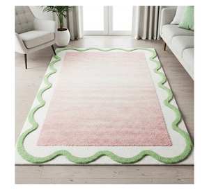 Tapis central rose avec bordure ondulée verte, tapis décoratif moderne pastel, tapis tuftés à la main, design magnifique, prix raisonnable - Product Image 2