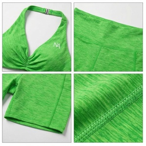 North Approach 2 Piece Yoga Set <b>Green</b> Solid High Waist Shorts <b>Halter</b> <b>Top</b> Breathable Seamless Sportswear - Product Image 4