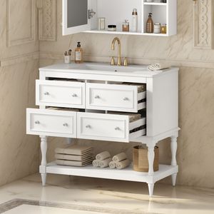 Mobile Bagno Autoportante in Legno Massello da 36 Pollici con 4 Cassetti e Lavabo Sottopiano in Ceramica - Set Completo - Product Image 5
