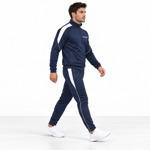 Ensemble de survêtement bleu marine pour homme avec fermeture éclair intégrale, bande blanche, logo personnalisé, style sportif, en polyester, pour l'automne - Product Image 5