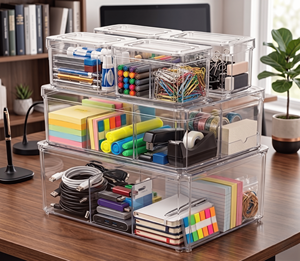 Clear Storage Organizer Set for Office <b>Desks</b>, Meeting Rooms & Workspaces – Modular Stackable Containers - Product Image 1