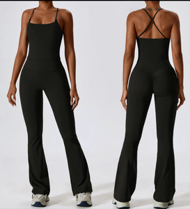 Women Black Seamless Yoga Sports Bra Set VNeck Racerback Medium Support Solid Color High Waist <b>Flared</b> <b>Leggings</b> - Product Image 2