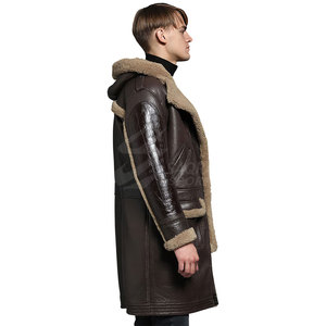 <b>Men's</b> <b>Long</b> Genuine Leather Motorcycle <b>Jacket</b> Sherpa Lining Windproof Casual Autumn Coat Dark Brown Turn-down Collar Single - Product Image 4