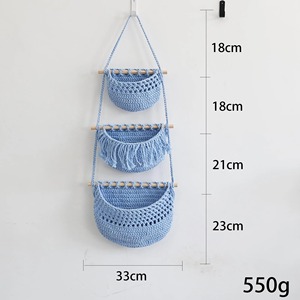 Macrame Hanging Storage <b>Basket</b> Set Of 3 With Wooden Rod Ideal For Home Wall Organizer Living Room Bedroom And Boho Decor - Product Image 2