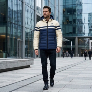 Chaqueta Acolchada con Capucha Azul Marino y Crema para Hombre, Abrigo de Invierno Acolchado, Chaqueta Cálida para Exteriores, Venta al por Mayor de Ropa ONE APEX - Product Image 6