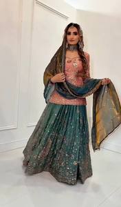 AARIKA TEXTILE Ensemble Sharara Palazzo en Soie Froissée de Haute Qualité avec Broderie de Paillettes et Dentelle, et Dupatta, Tenue Ethnique Festive, Livraison Rapide - Product Image 1