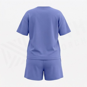 Ensemble 2 pièces pour femmes, t-shirt à manches courtes en tricot uni à coupe ample et short au-dessus du genou, col rond, décontracté, pour le printemps et l'été - Product Image 2